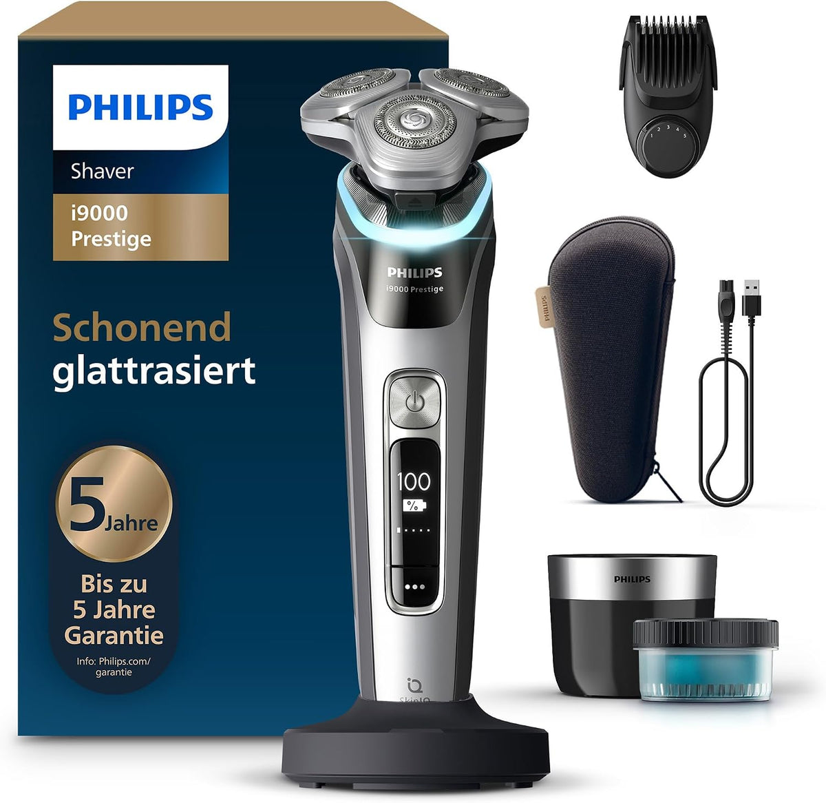 Philips Elektrorasierer, Grau/Silber, Rasierer i9000 Prestige, Nass- und Trockenrasierer für Herren mit integriertem