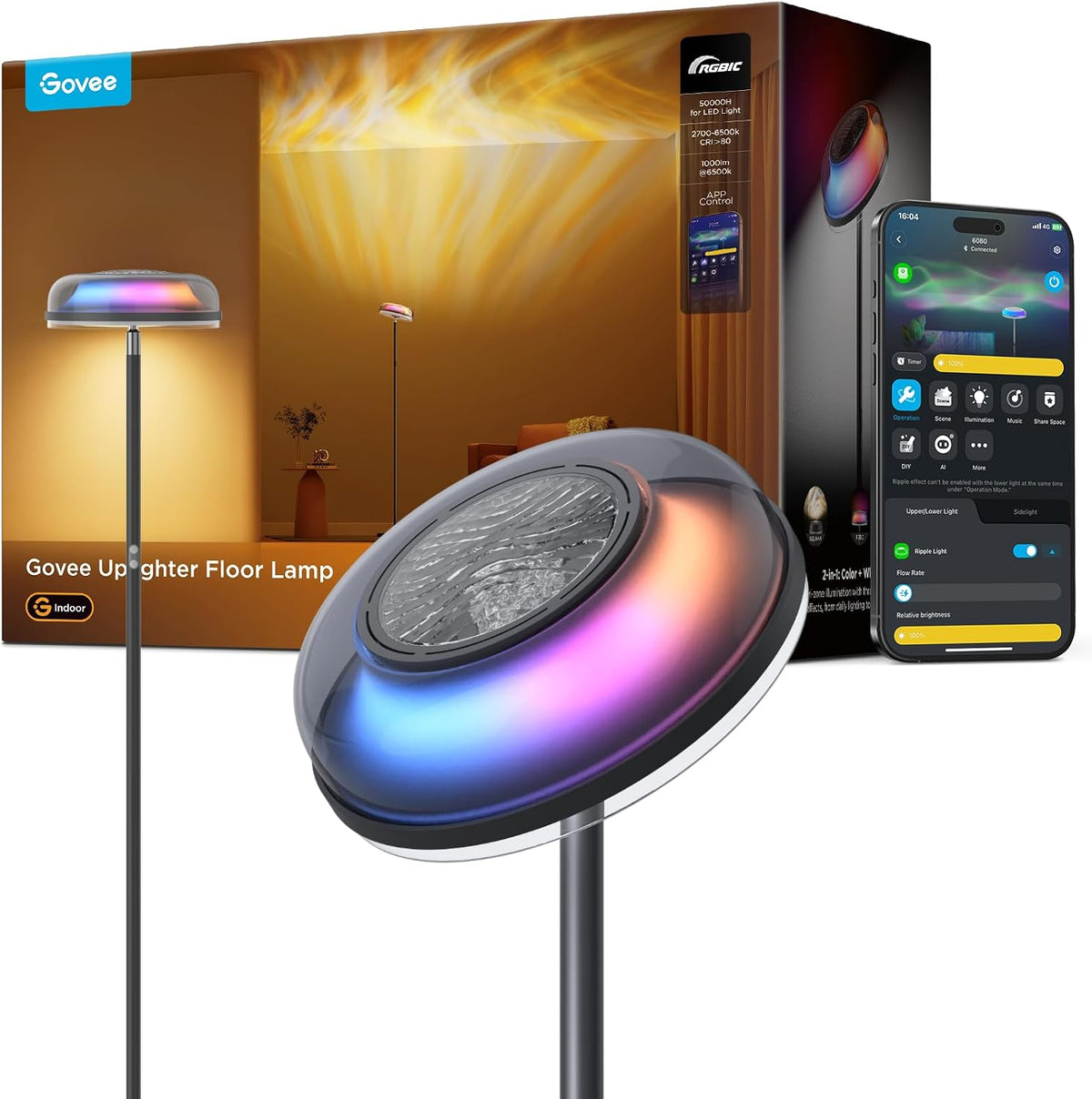 Govee Standleuchten & Deckenfluter, Schwarz/Rgb, Stehlampe Wohnzimmer Deckenfluter Wellenbeleuchtung RGBICWW, Dreizonenbeleuchtung Stehlampe