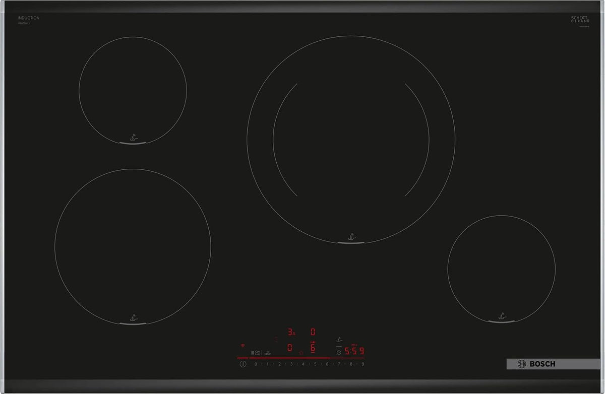 Bosch Kochfeld, 80 cm, Schwarz, Induktions, Serie 6, 4 Kochzonen, Elektronik DirectSelect, PerfectFry Plus, Home Connect
