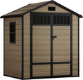 Gerätehaus YITAHOME, 182x134x210 cm, Braun/Schwarz, Kunststoff Gartenhaus Kunstharz Aufbewahrungsschuppen, Werkzeuge mit zaunartigen Seitenfenstern