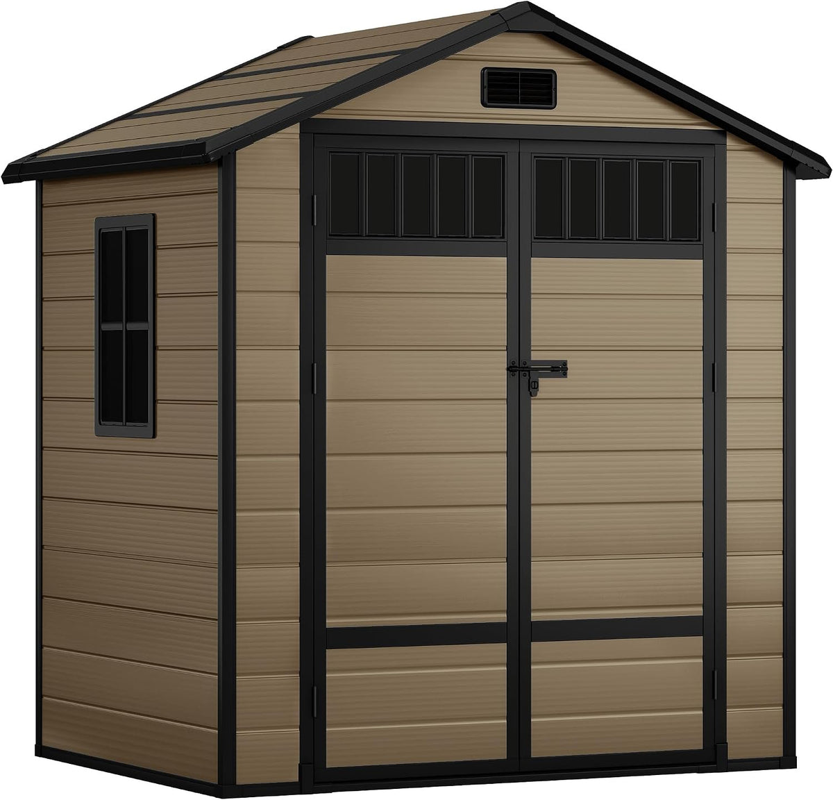 Gerätehaus YITAHOME, 182x134x210 cm, Braun/Schwarz, Kunststoff Gartenhaus Kunstharz Aufbewahrungsschuppen, Werkzeuge mit zaunartigen Seitenfenstern