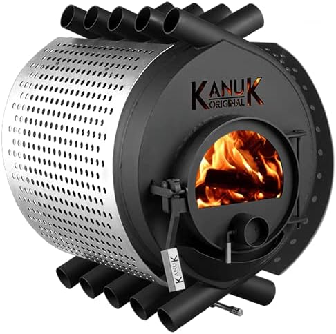 Kanuk Kaminofen, 15 kW, Schwarz/Silber, Warmluftofen ® Original - Werkstattofen - Schwedenofen -, ohne Untergestell)