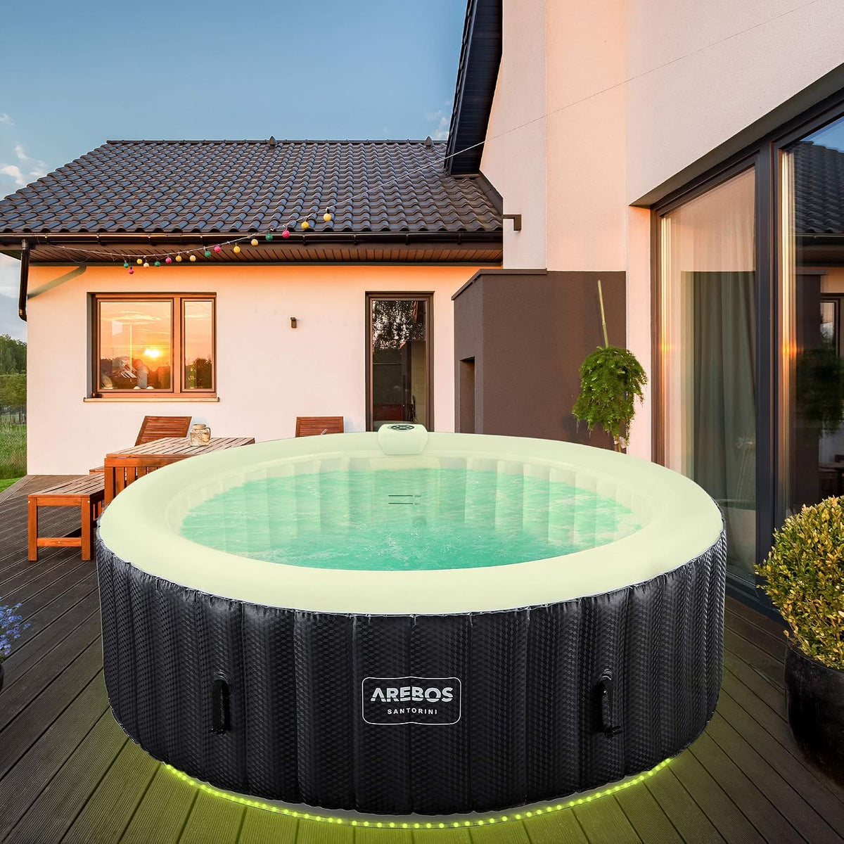 Arebos Badewannen mit Sprudelfunktion, 1000 Liter, 208 cm, Schwarz/Weiß, Whirlpool, automatisch aufblasbar, In & Outdoor