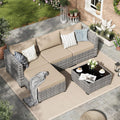 Amopatio Sofa, Grau-Meliert/Khaki, Rattan Gartenmöbel-Set, Poly Rattan Sitzgruppe Couch 5 Teilig mit 3er, Sessel