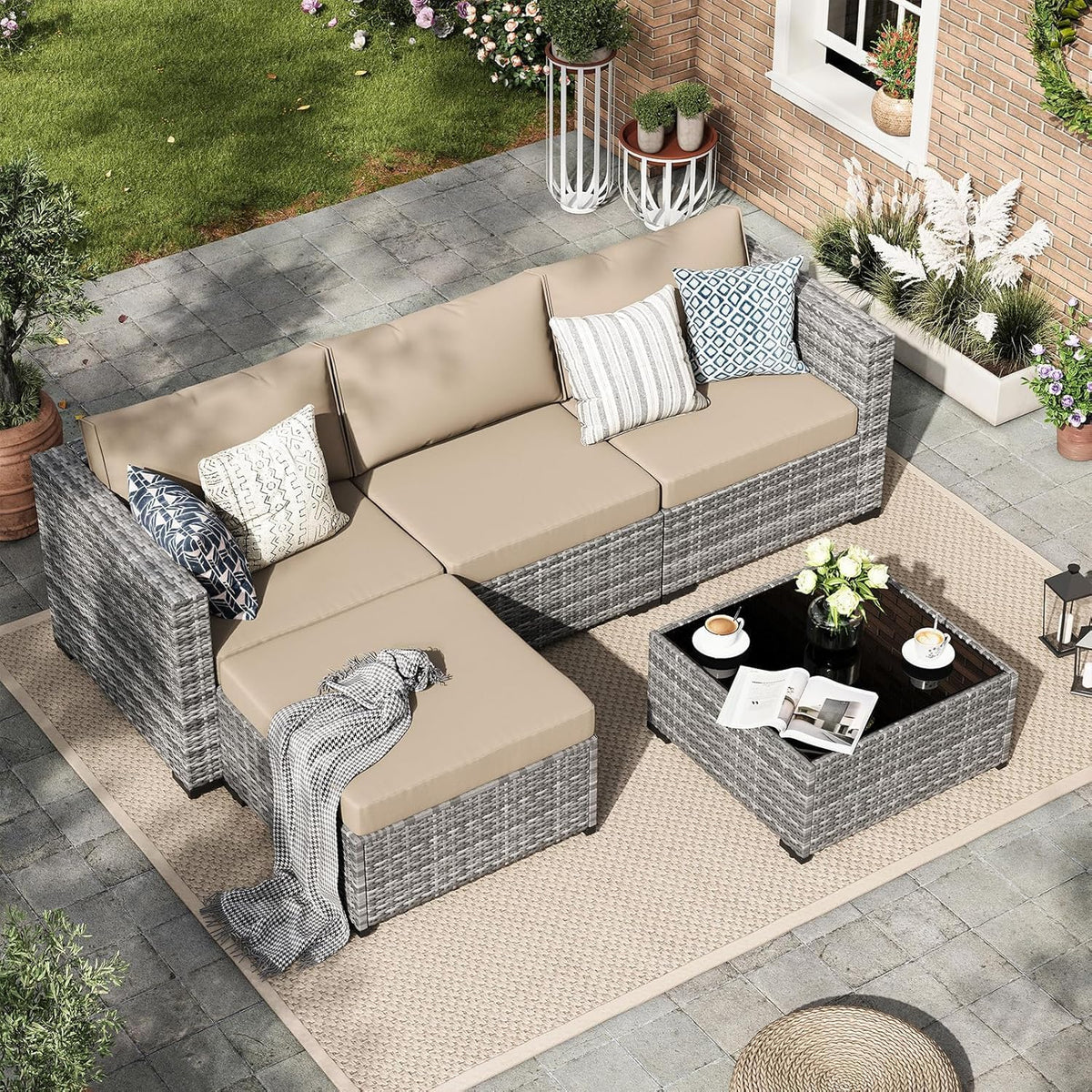 Amopatio Sofa, Grau-Meliert/Khaki, Rattan Gartenmöbel-Set, Poly Rattan Sitzgruppe Couch 5 Teilig mit 3er, Sessel