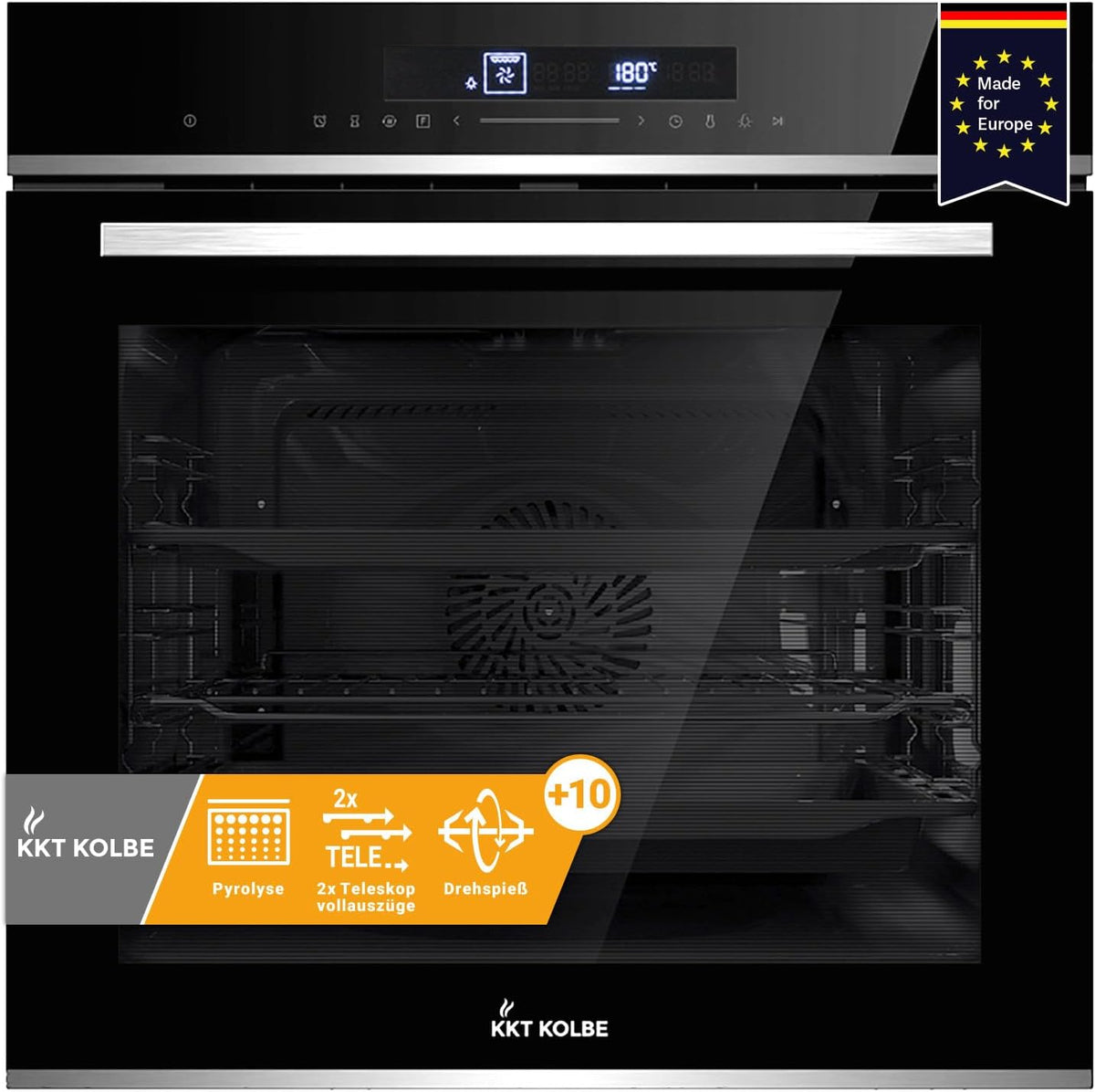 KKT KOLBE Backofen, 60 cm, 3,2 kW, 72 L, Schwarz/Silber, Einbau, Pyrolyse, Pizzafunktion, Grill, Umluft, Heißluft