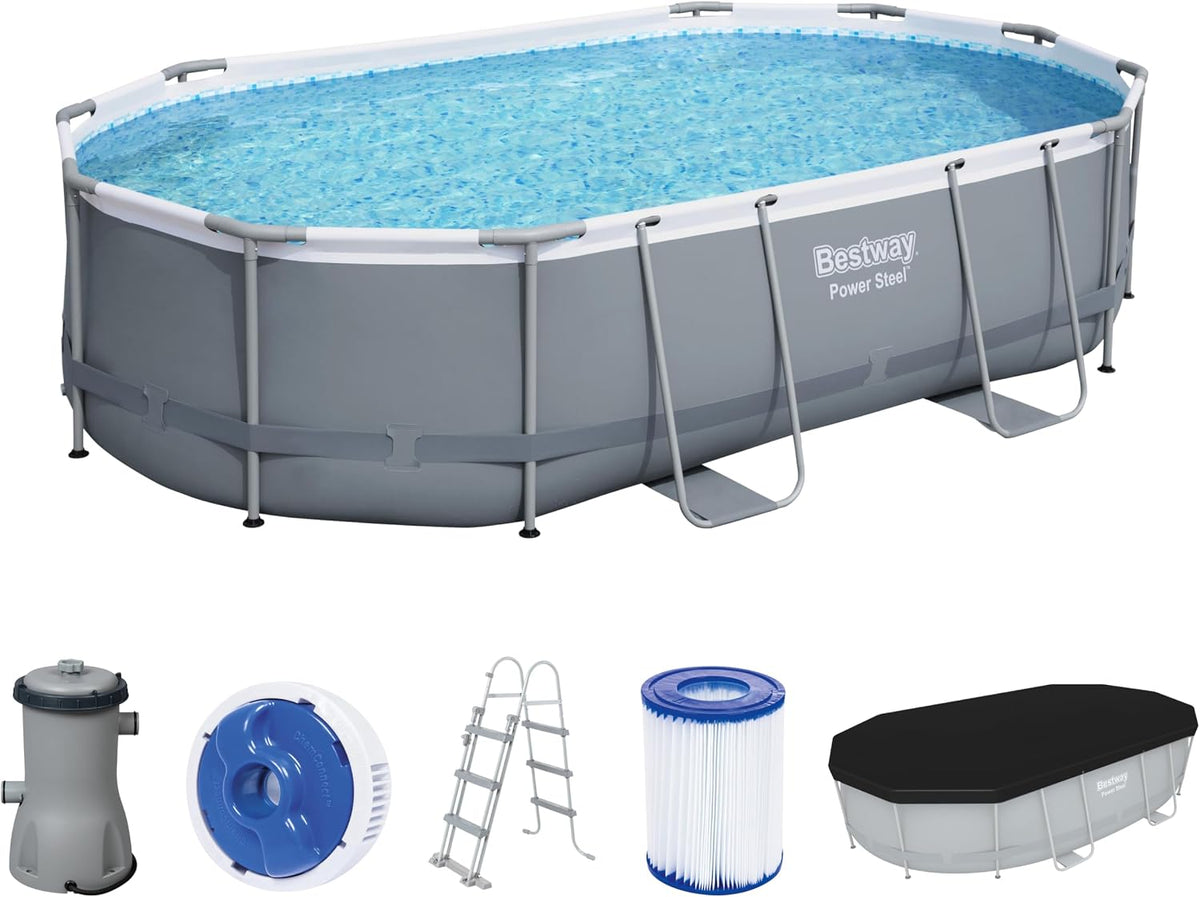 Bestway Stahlrahmenpool, grau/blau/weiß, Power Steel Frame Pool Komplett-Set mit Filterpumpe 488 x, grau, oval