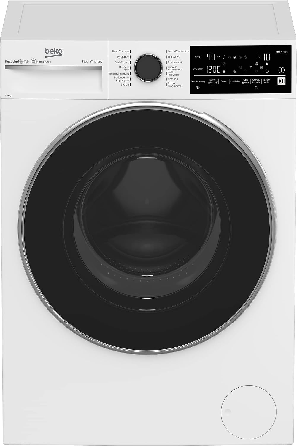 Beko Waschmaschine, 9 kg, weiß/schwarz, B5WFT79410 W bPRO 500 Waschvollautomat, 1400 U/min, SteamCure Dampffunktion