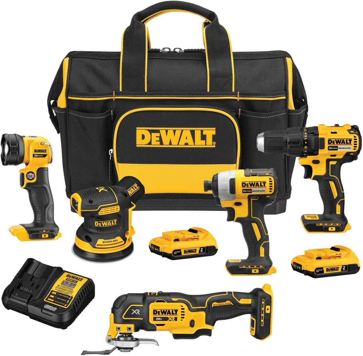 DEWALT Multifunktionswerkzeuge, 20 V, Schwarz/Gelb, DCKSS521D2 MAX Cordless 5 Tool Combo Kit w/Contractor Bag