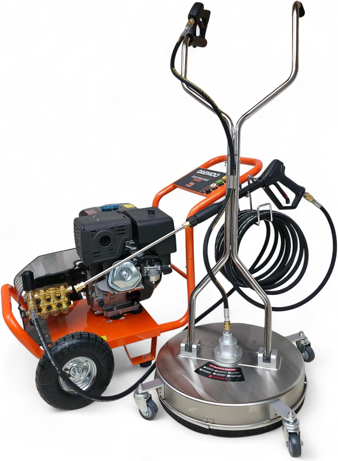 ViMa24 Hochdruckreiniger, 250 bar, 420 cm, 6,5 L, 10m, Schwarz/Orange/Silber, Benzin 15PS Tank Flächenreiniger ³ Hochdruckschlauch