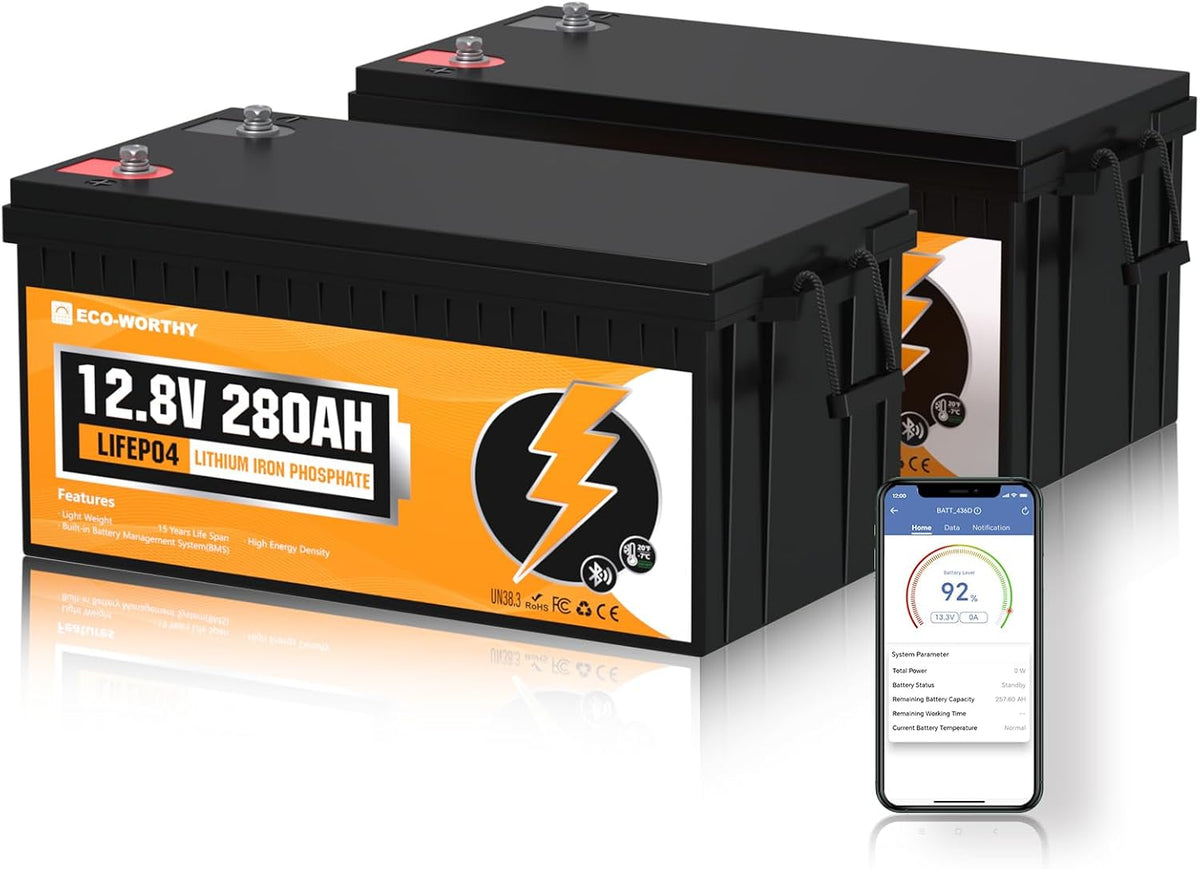 ECO-WORTHY Deep-Cycle-Batterien, 280 Ah, 12 V, Schwarz/Orange, 2PACK LiFePO4 Bluetooth mit 200A BMS Low-Temp Schutz