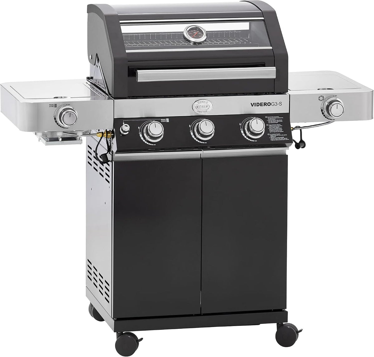 RÖSLE Gasgrill, Schwarz/Silber, BBQ-Station VIDERO G3-S Schwarz, Grill mit 3 Edelstahlbrennern, extra Primezone und Seitenbrenner