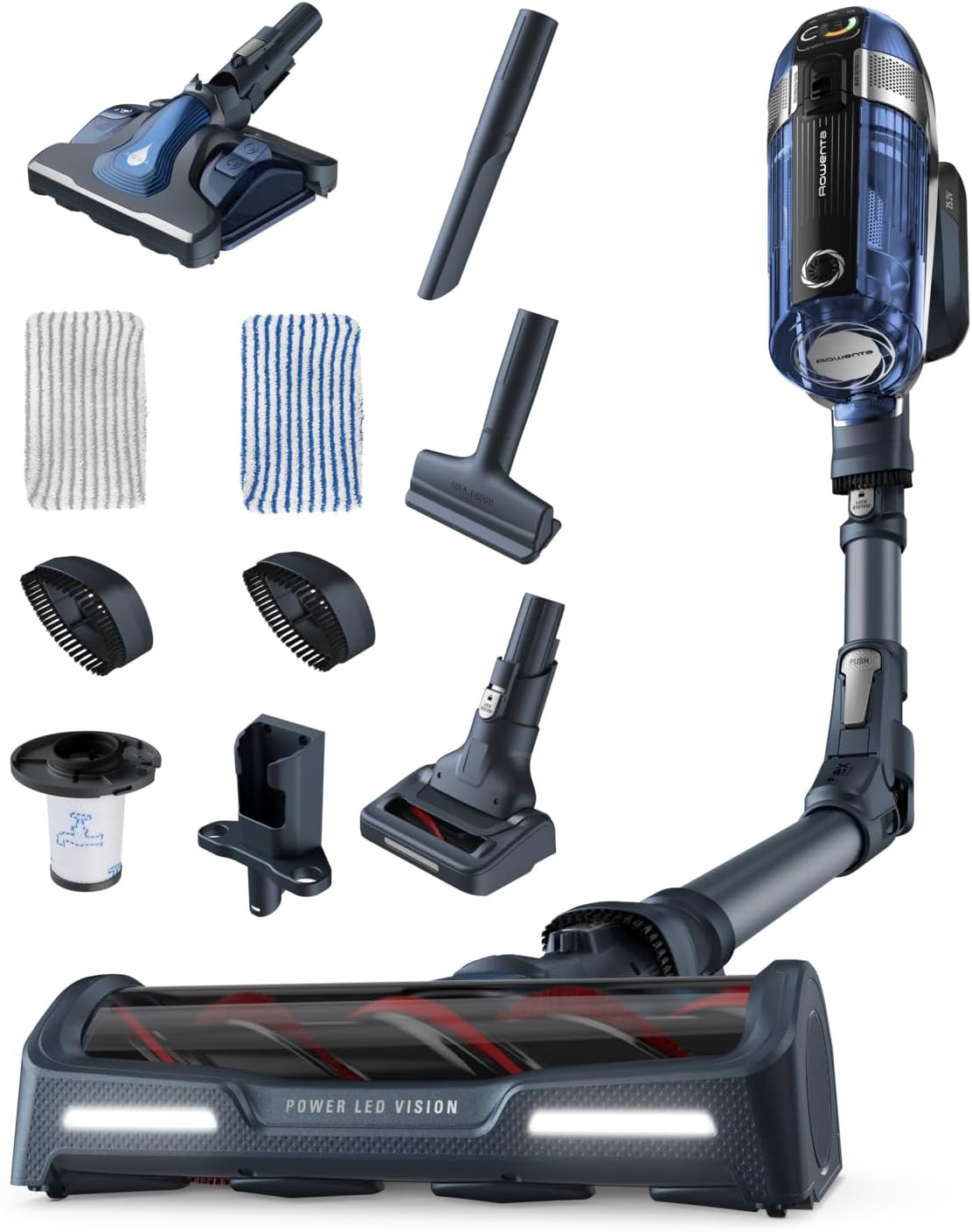 Rowenta Staubsauger, 3 kg, Blau/Schwarz, Akku-Hand-und Stiel kabellos X-Force Flex 11.60, 300 Watt, beutellos, mit Aqua Mop Bodendüse