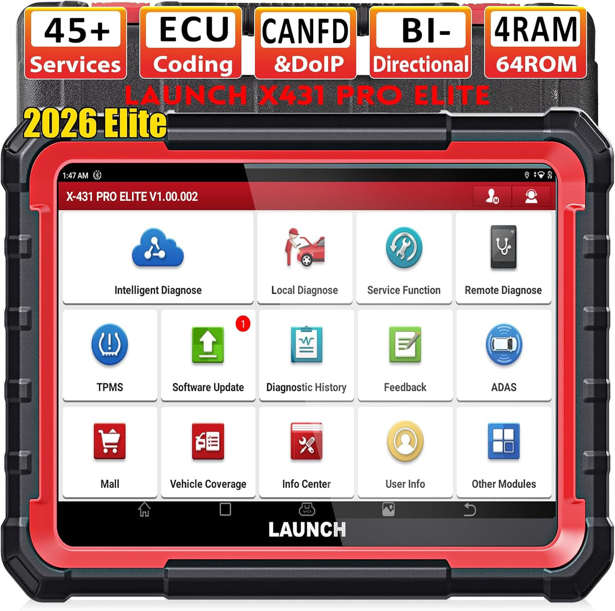LAUNCH OBD-II Diagnosewerkzeuge, Schwarz/Rot, X431 PRO Elite OBD2 Diagnosegerät, ECU Online-Codierung & Bidirektional