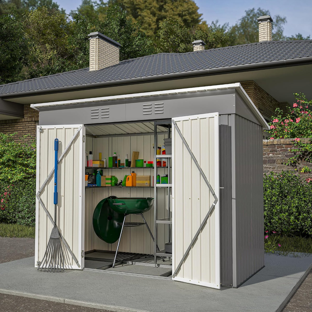 Gerätehaus Gegtuon, 229x111x182 cm, Grau/Weiß, Metall, Geräteschuppen Gartenhaus mit Satteldach, Gartenschrank mit 2 Türen & Stauraum Regal