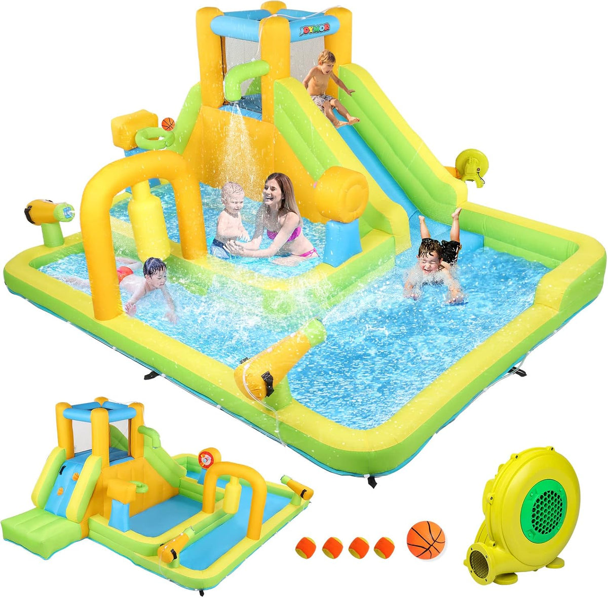 Bonnlo Hüpfburgen, Gelb/Grün/Blau, hüpfburg Indoor/Outdoor, hüpfburg mit Gebläse und Troken-/Wasserrutsche