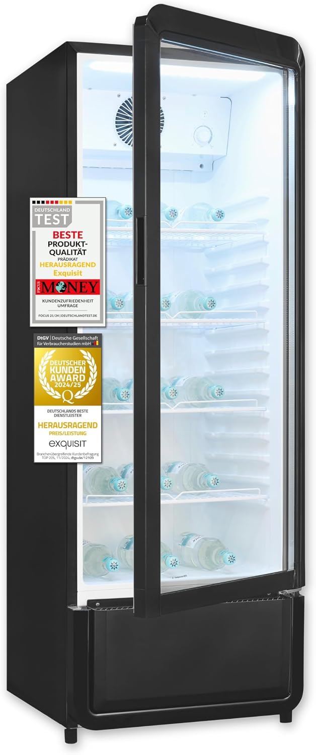 Exquisit Getränkekühlschrank, 153 cm, 240l, Schwarz, Glastürkühlschrank, Höhe, mit LED, Umluft, 4 verstellbare Ablagen