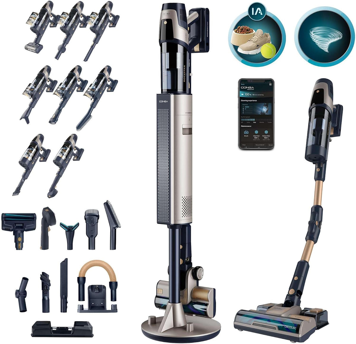 Cecotec Staubsauger, 800 W, Gold/Schwarz, Kabelloser besen Conga Rockstar 11500 Odyssey Station, Künstliche Intelligenz