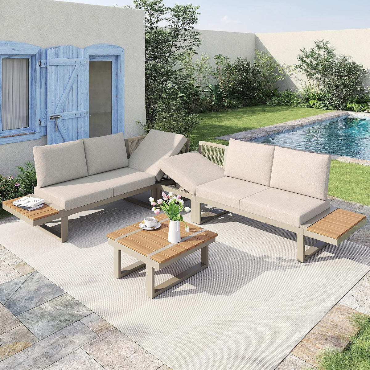 Sofa Merax, Beige/Hellbraun, Gartenmöbel Set, Eck umbaubar zu 2 Relaxliegen, Outdoor Lounge mit Couchtisch und Ablage