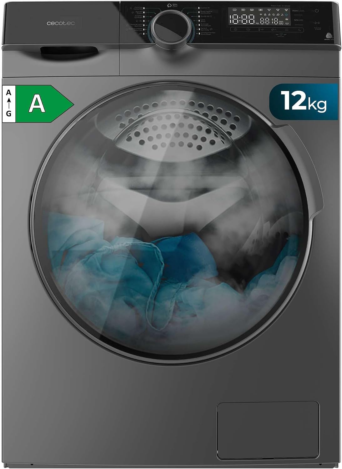 Cecotec Waschmaschine, 2000 W, 12 Kg, Grau, Lavadora Carga Frontal Bolero DressCode 121000 Steel. 1400, Certificación WoolMark