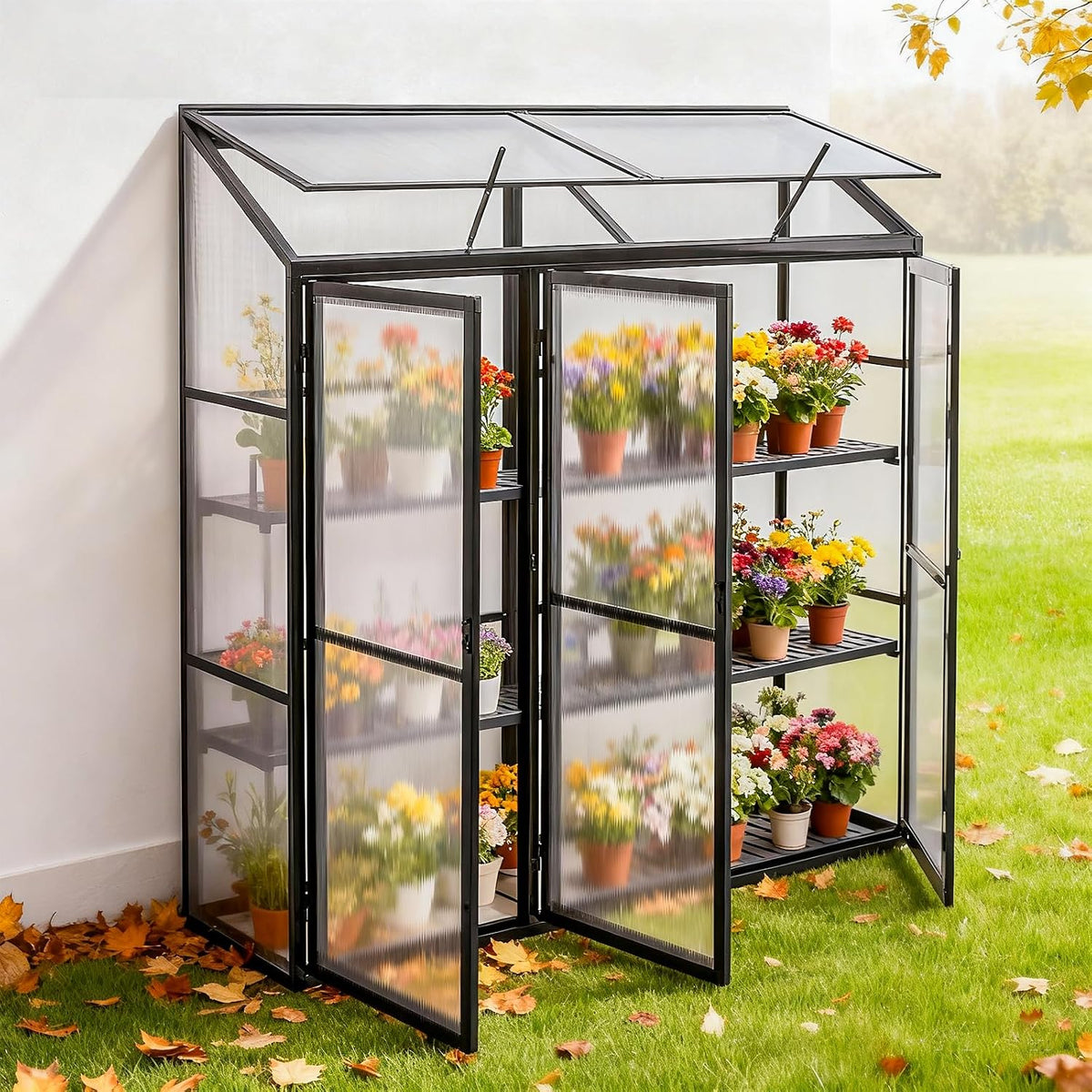 Euboer Gewächshaus, 190x55X180 cm, Schwarz, Aluminium Anlehn Beistell Tomaten klein Dreitürig Treibh