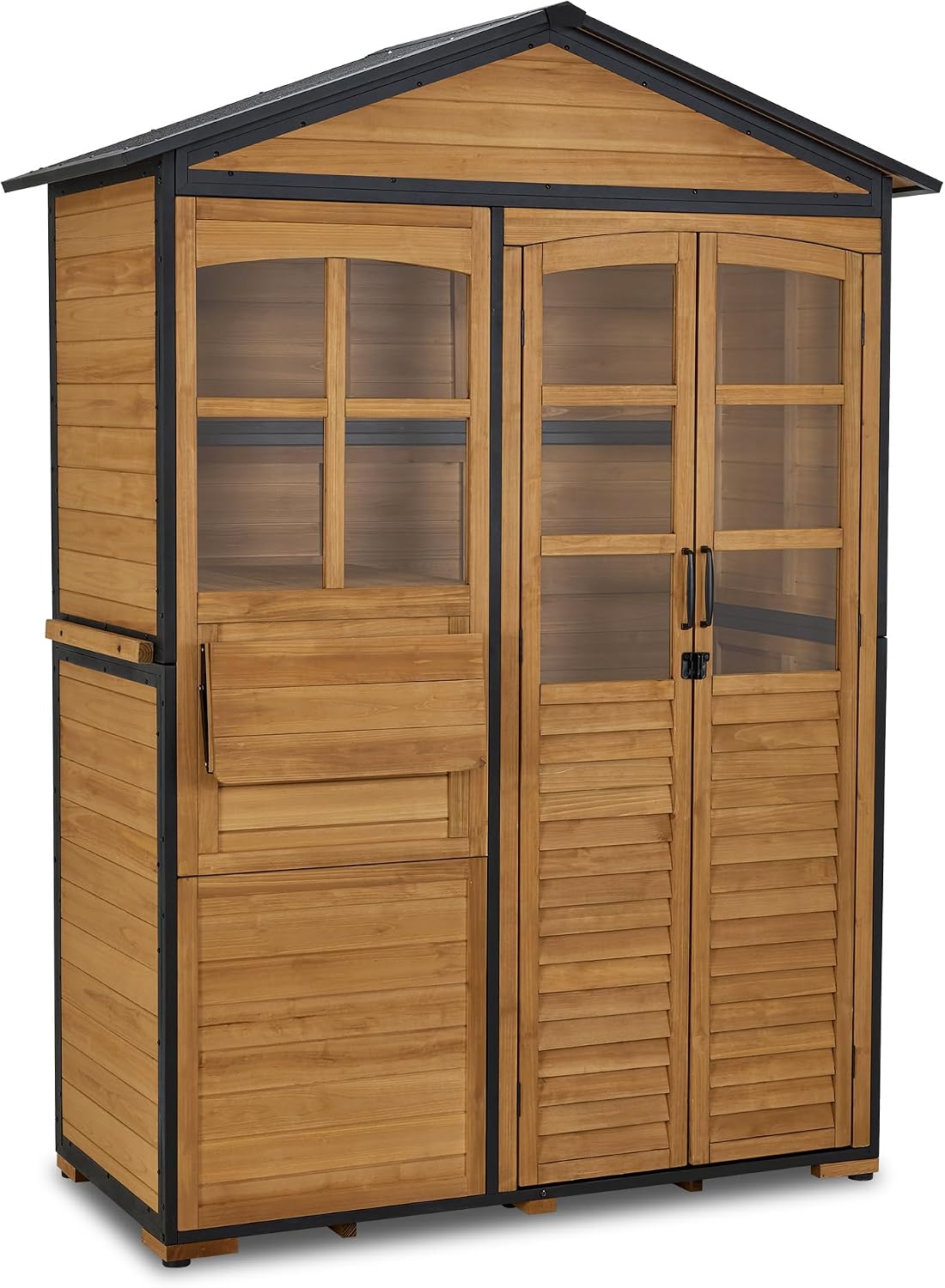 Gerätehaus M MCombo, Tannenholz/ Asphaltdach/Metall/Acryl, Braun/Schwarz, Gartenschrank Holz Metgallgestell mit 3 Ablagen