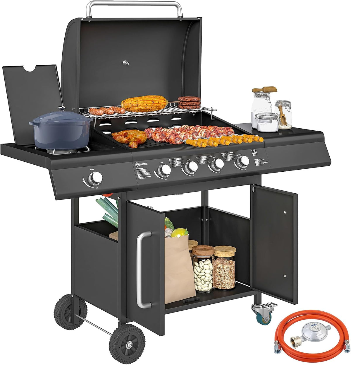 Outsunny Gasgrill, 129,5 x 56 x 110 cm, 15,2 KW, Schwarz, BBQ Gartengrill inkl 5 Edelstahl-Brenner Seitenkocher Rolle