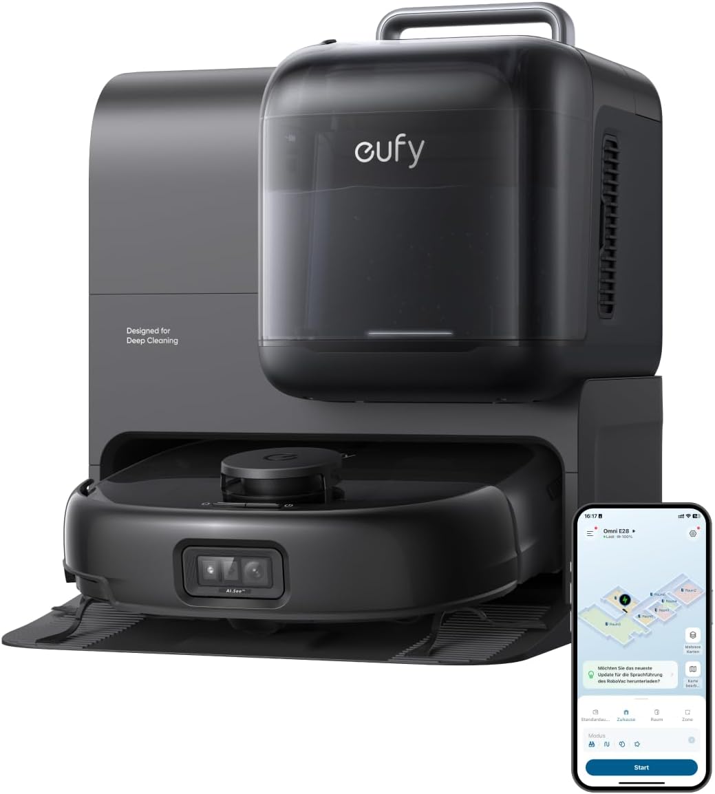 eufy Saugroboter, Schwarz, Omni E28 HydroJet mit Wischfunktion, tragbarer Tiefenreiniger, 20.000Pa Turbo-Saugkraft