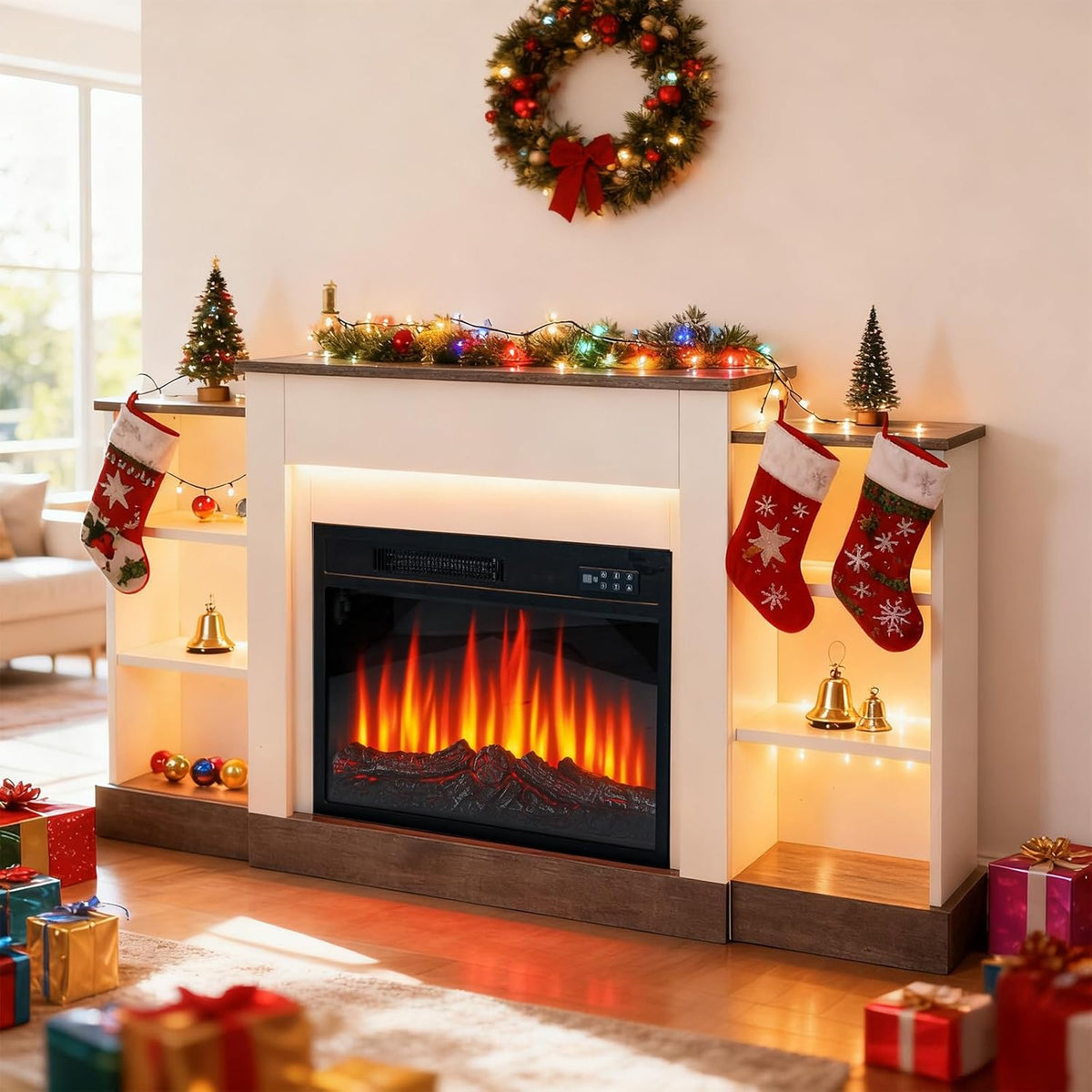 Youyijia Elektrokamin, 1500 W, weiß/schwarz, Elektrischer Wandkamin mit Heizfunktion, 3D-Flammeneffekt, stimmungsvolle Beleuchtung