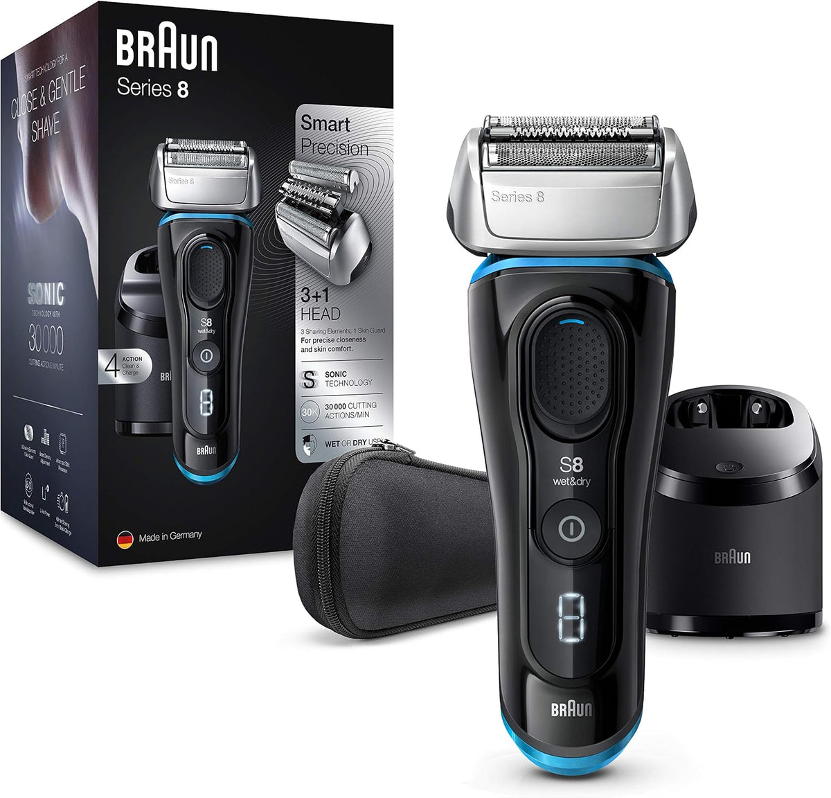 Braun 8385cc Elektrorasierer, 8385cc, Schwarz/Silber/Blau, Series 8 Rasierer Herren mit 3+1 Scherkopf, & Trimmer für Präzision