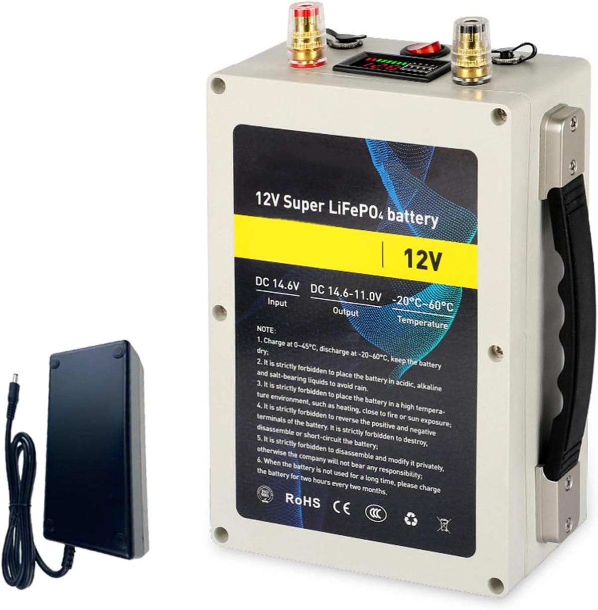 HJGHY Powerstation, 30 Ah, 40 Ah, 50 Ah, 12 V, Grau/Schwarz, LiFePO4 Lithium-Eisenphosphat-Akku, tragbare mit Ladegerät und LCD-Display für Mobile