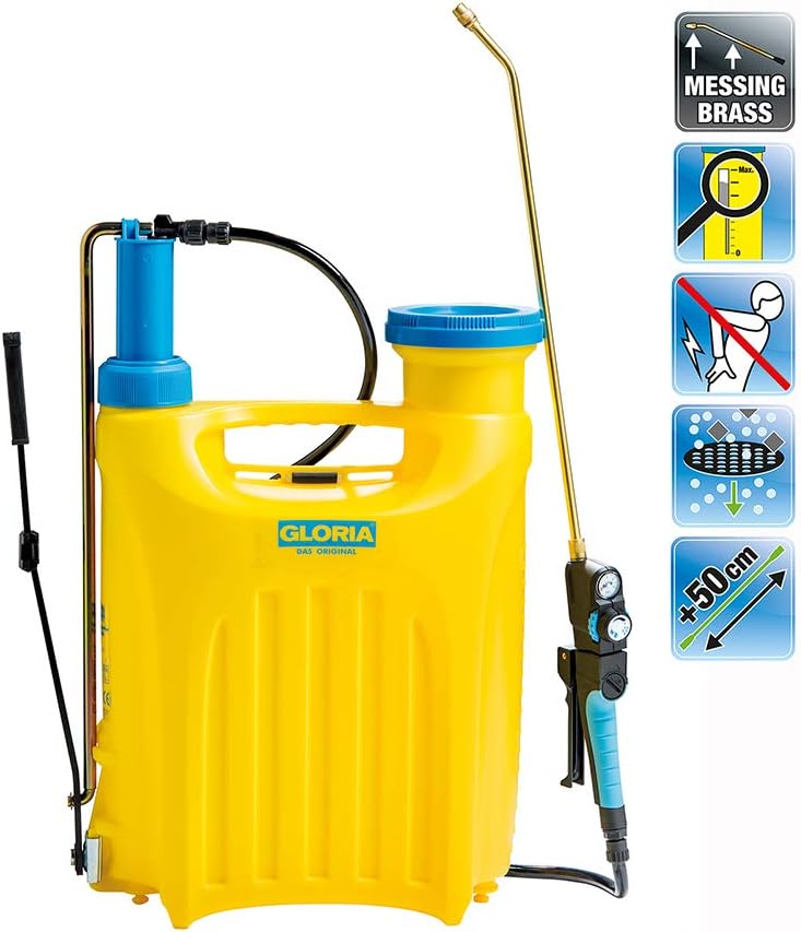 Gloria Sprinkler, 18 L, Gelb/Blau/Schwarz, Kolbenrückensprühgerät Hobby 1800, Gartenspritze, Rückenspritze mit Druckregler