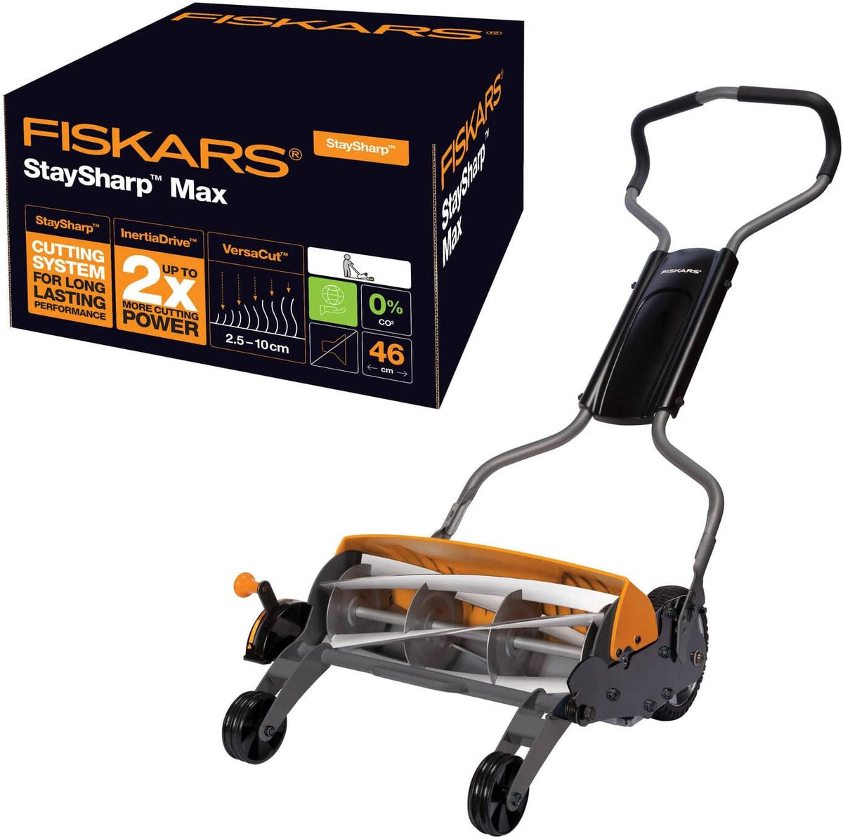 Fiskars Rasenmäher, 46 cm, Schwarz/Orange/Silber, Spindelmäher, mit berührungslosem Schneidesystem, Schnittbreite