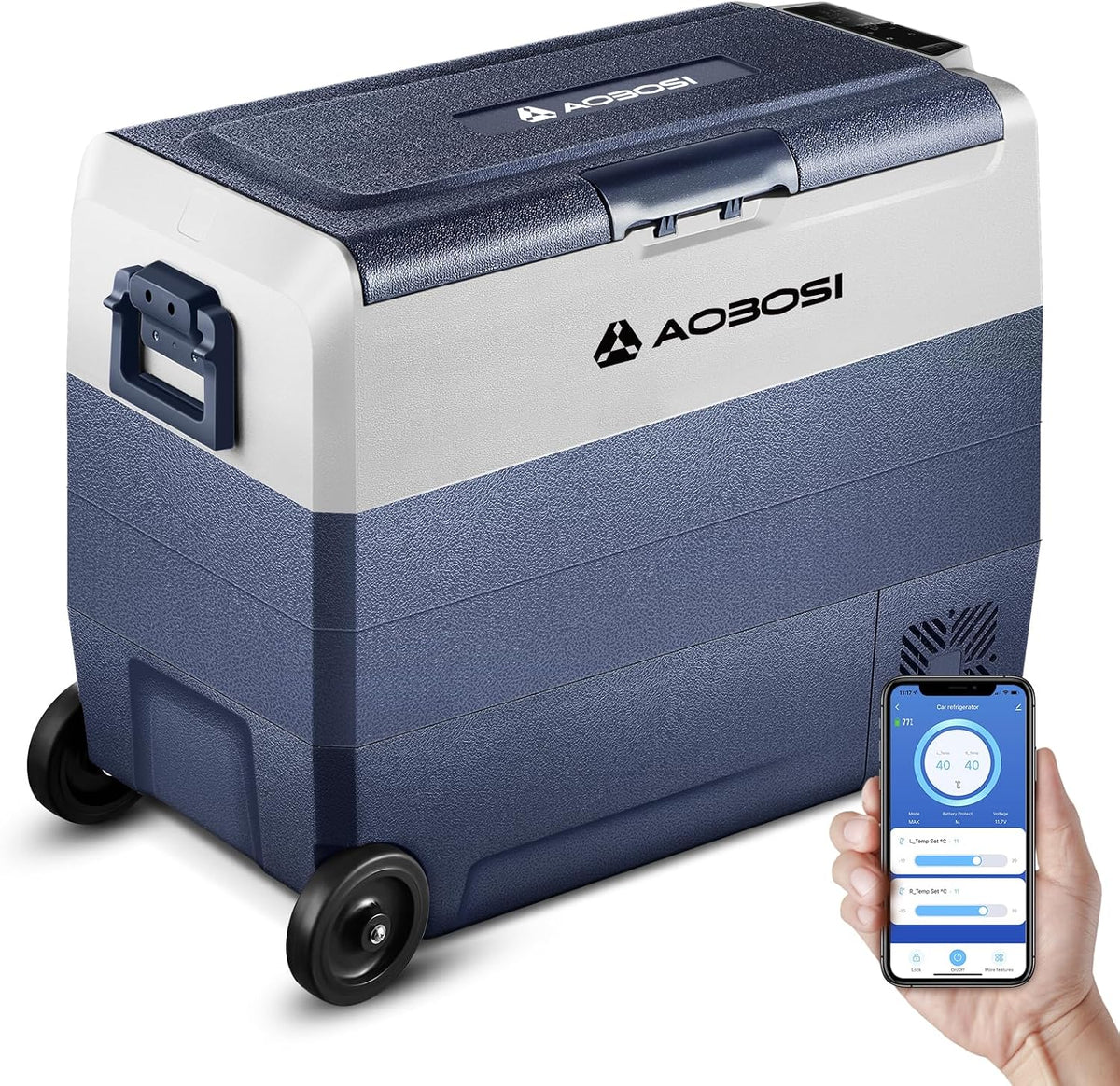 AAOBOSI Kühlschrank, 240 V, 60 L, 24 V, Blau/Weiß, Kompressor Kühlbox, Kühlbox Auto Mit APP Steuerung, 12/ und 100- Camping