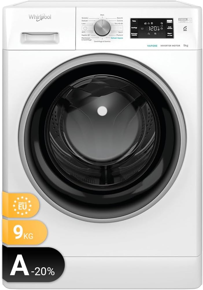 Whirlpool Waschmaschine, 59,5 cm, 63 cm, 85 cm, 9 kg, Weiß/Schwarz, FFB R849 BSV IT, freistehend, Frontlader, 1400 U/m
