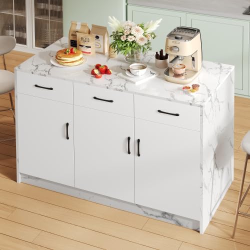 Merax Buffetschrank, 120 x 60 x 90,5 cm, Weiß, Große Kücheninsel mit Barbereich, es Marmordesign, 3 Schubladen & 3 Türen