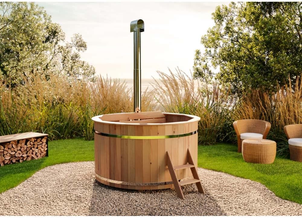 FinnTherm Sitzbank, 180 x 110 cm, 22 kW, Holz, Badefass Bergen, Hot Tub Ø, inkl. Edelstahl-Ofen und Einstiegsleiter
