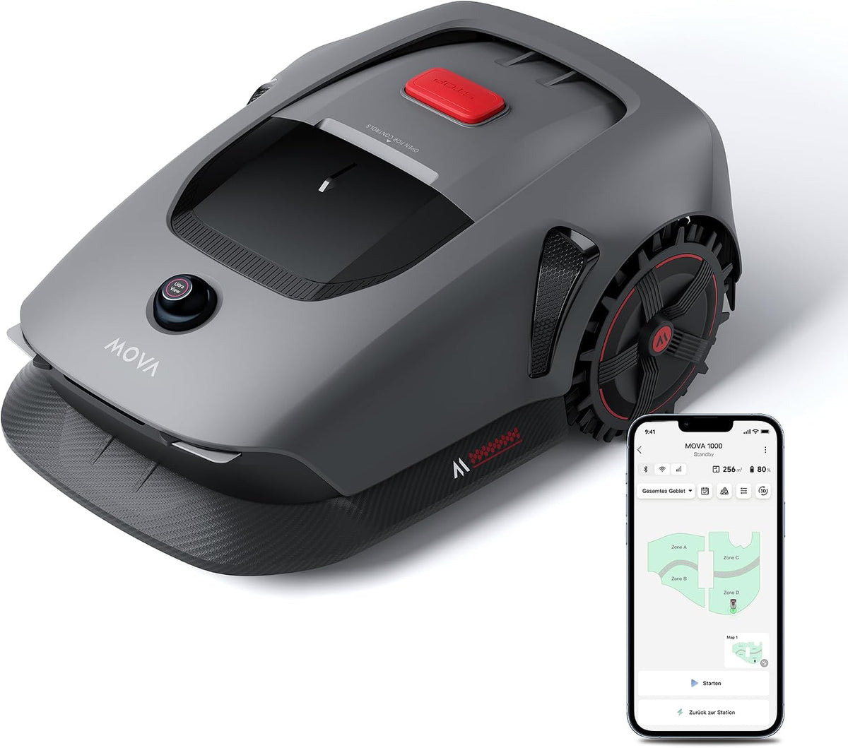 Mova Mähroboter, 1000 m, Grau/Schwarz/Rot, 1000, 360° 3D LiDAR kabellose Einrichtung & genaue Kartierung bis, ohne Begrenzungskabel