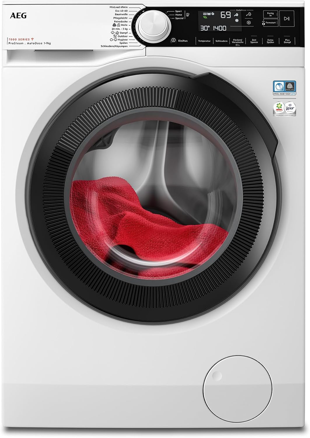 AEG Waschmaschine, 9 kg, Weiß/Schwarz, Serie 7000 ProSteam: Auffrischfunktion mit Dampf statt, WiFi, Mengenautomatik