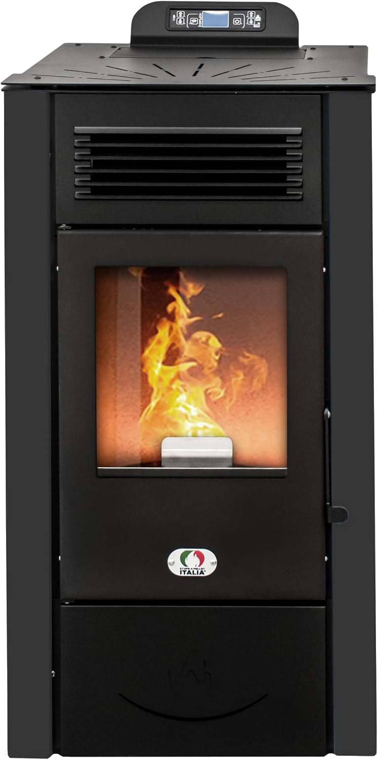 STUFE A PELLET ITALIA Öfen, 12 Kw, 120m, Schwarz, San Diego WiFi 5 Sterne, Zertifizierte-Effizienz 91% Heizt ² Autonomie 15 Std 5