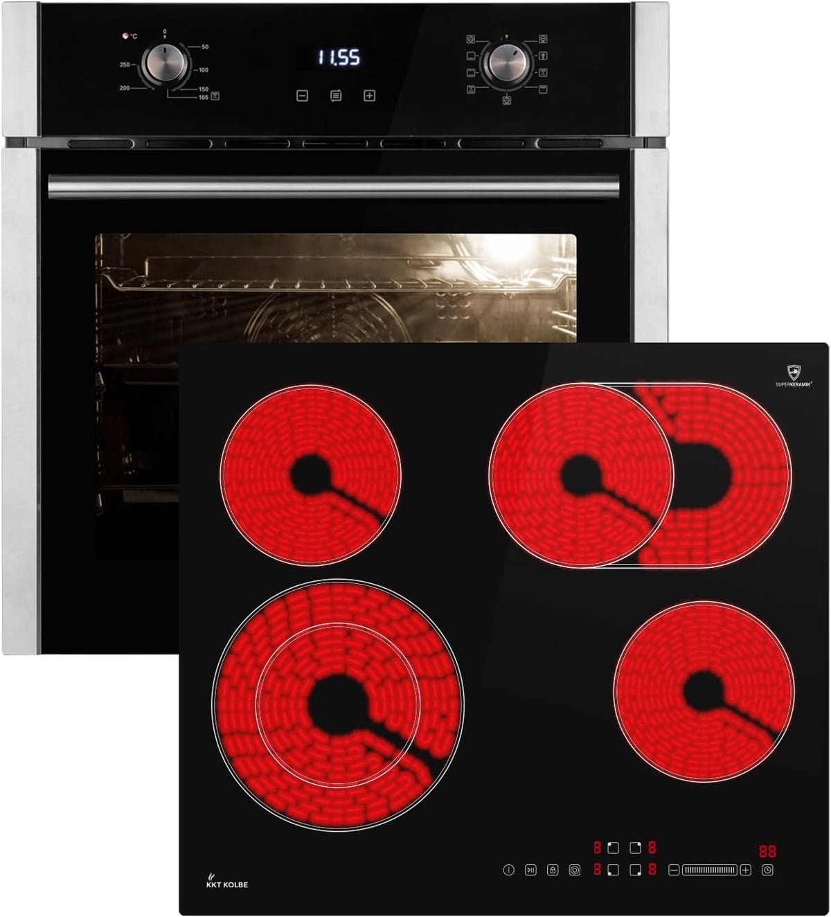 KKT KOLBE Backofen, 6600 W, 60 cm, 59 cm, Schwarz/Silber, Autarkes Herdset, Einbau EB8005ED, Kochfeld CH5901RL, Pizzafunktion Grill Umluft Heißluft
