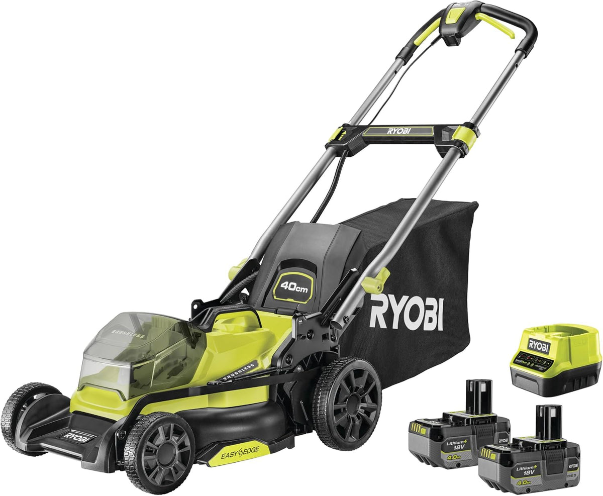 RYOBI Rasenmäher, Bürstenloser Motor mit automatischer Messergeschwindigkeitsanpassung für Energieeffizienz., 4,0 Ah, 40 cm, 18 V, Grün/Schwarz