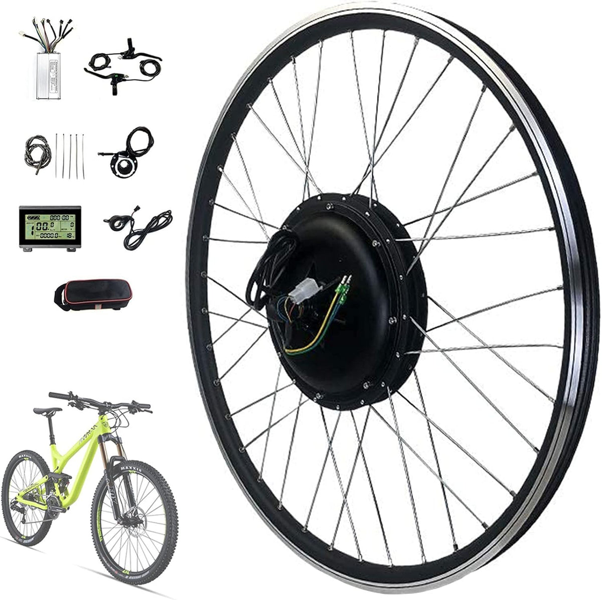 HMWJD E-Bike, 1000 W, 36 V, 48 V, Schwarz/Silber, Umbausatz 20' / 24' / 26' / 27, 5' / 28' / 29' / 700c Vorderrad - einstellbar in 250-1000