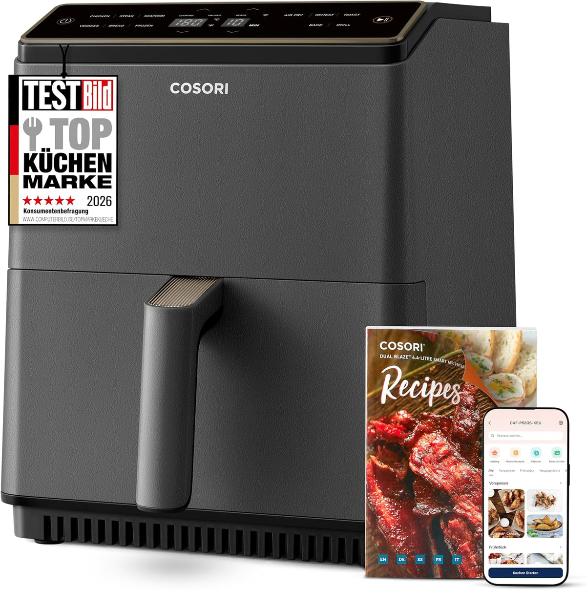 COSORI Heissluftfritteuse, 6,4 L, Grau, Dual Blaze Airfryer - Smart Heißluftfritteuse mit Wlan -, Grillen, Brot