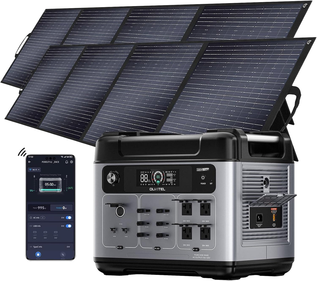 EcoVolt Powerstation, 2048 Wh, 3200 W, 6400 W, 220 V, Schwarz/Silber, Oukitel Solar Generator mit 2x200 W Solarpanel