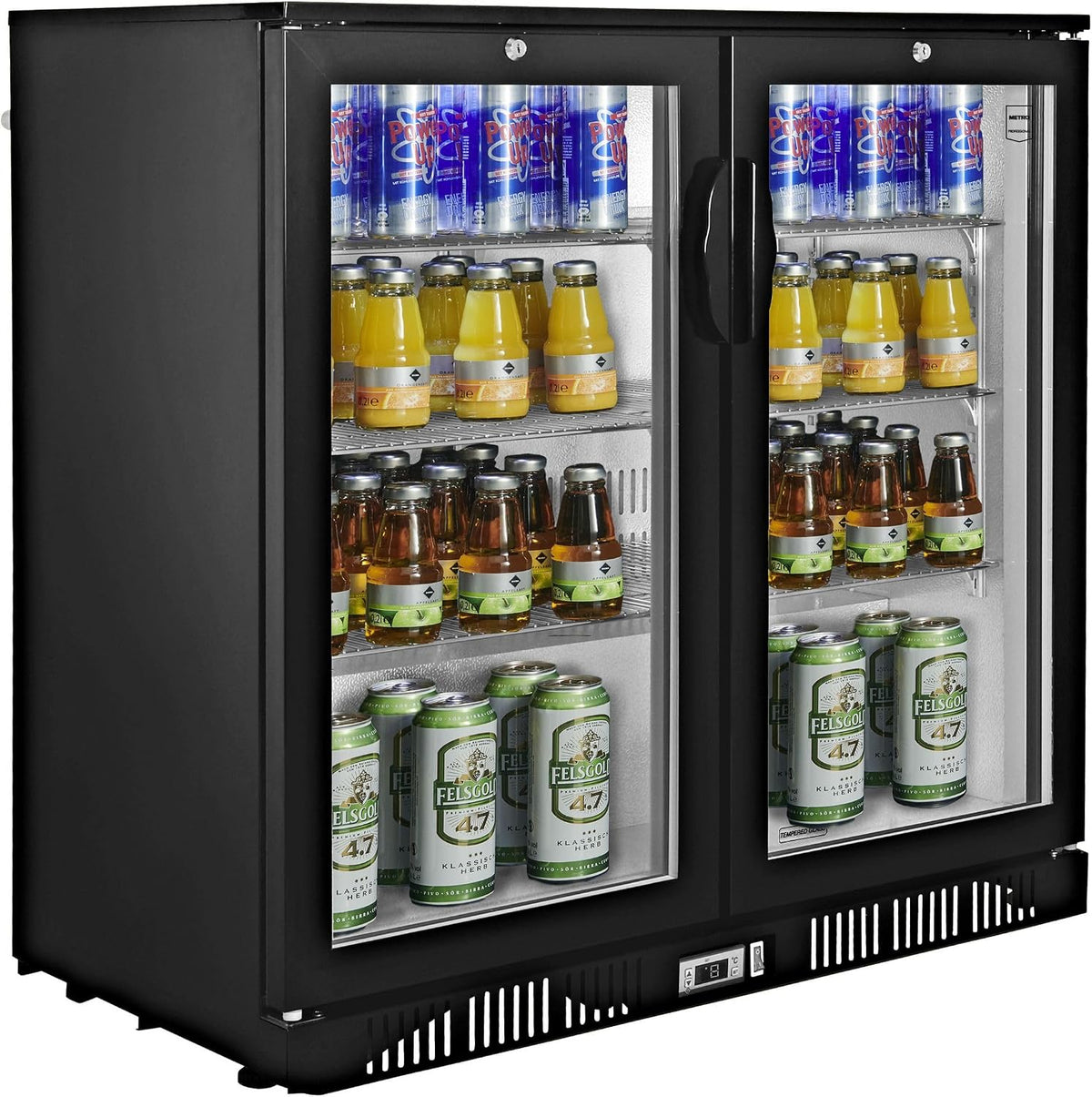 METRO Professional Getränkekühlschrank, 200 L, 160 W, Schwarz, Getränkekühler GBC1002, mit 2 Glastüren, Flaschenkühlschrank mit 6 Einlegeböden
