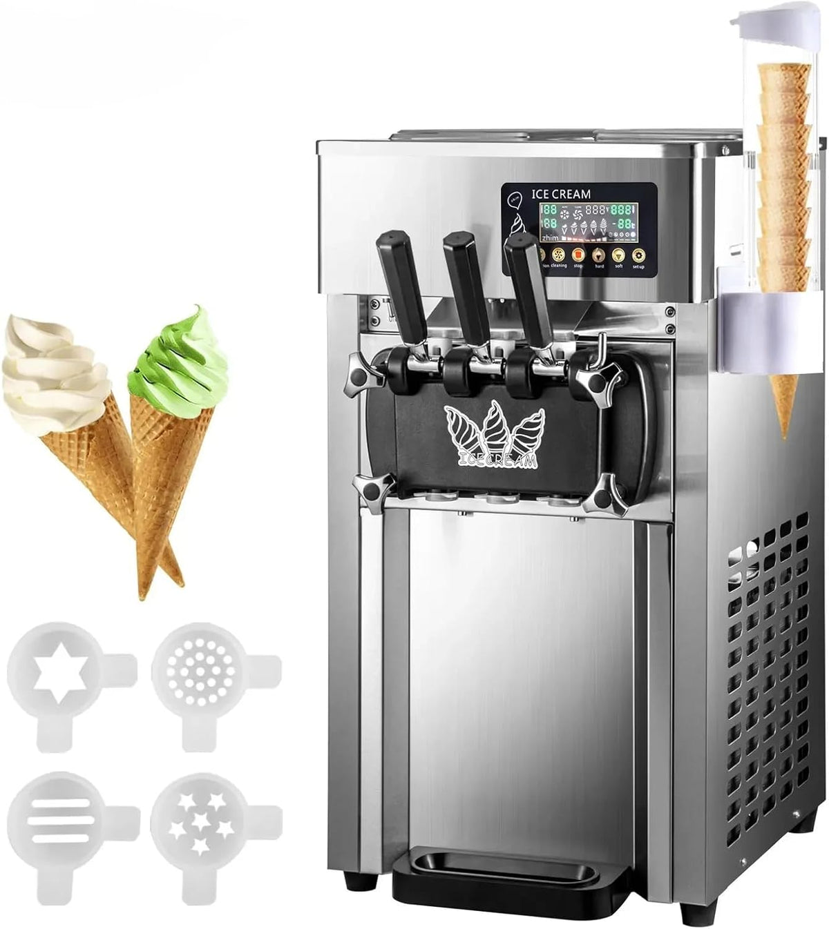 ZHIMAI Eismaschine, 1200 W, 18 l, Silber/Schwarz, Kommerzielle, 3 Geschmacksrichtungen, sanfter Service, Kommerzielle Soft mit LCD-Panel