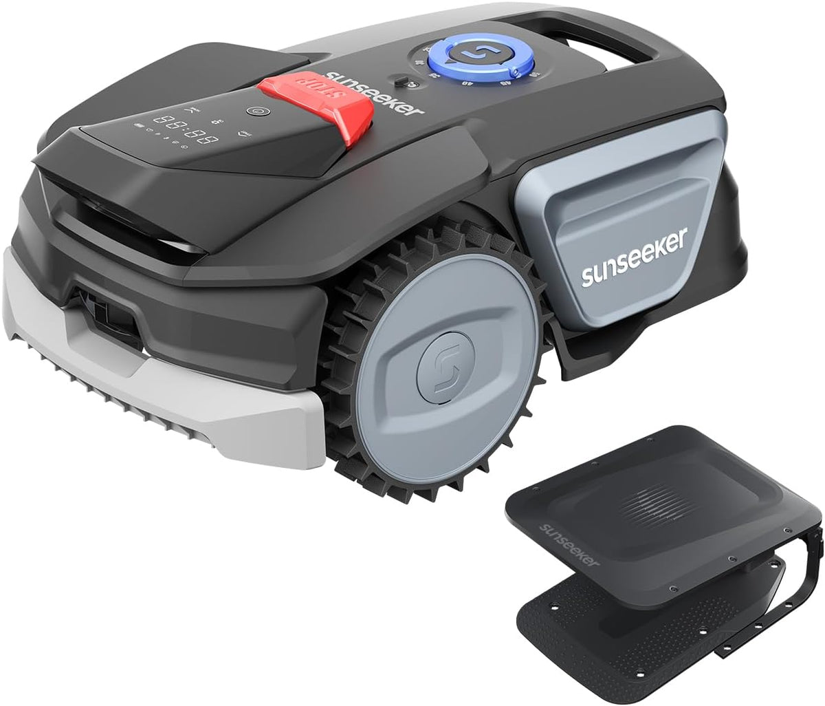 Sunseeker Mähroboter, 300 m, Schwarz/Grau/Blau, V1+Garage, ohne Begrenzungskabel, ² für Kleine Gärten, Vision AI Intelligente Navigation