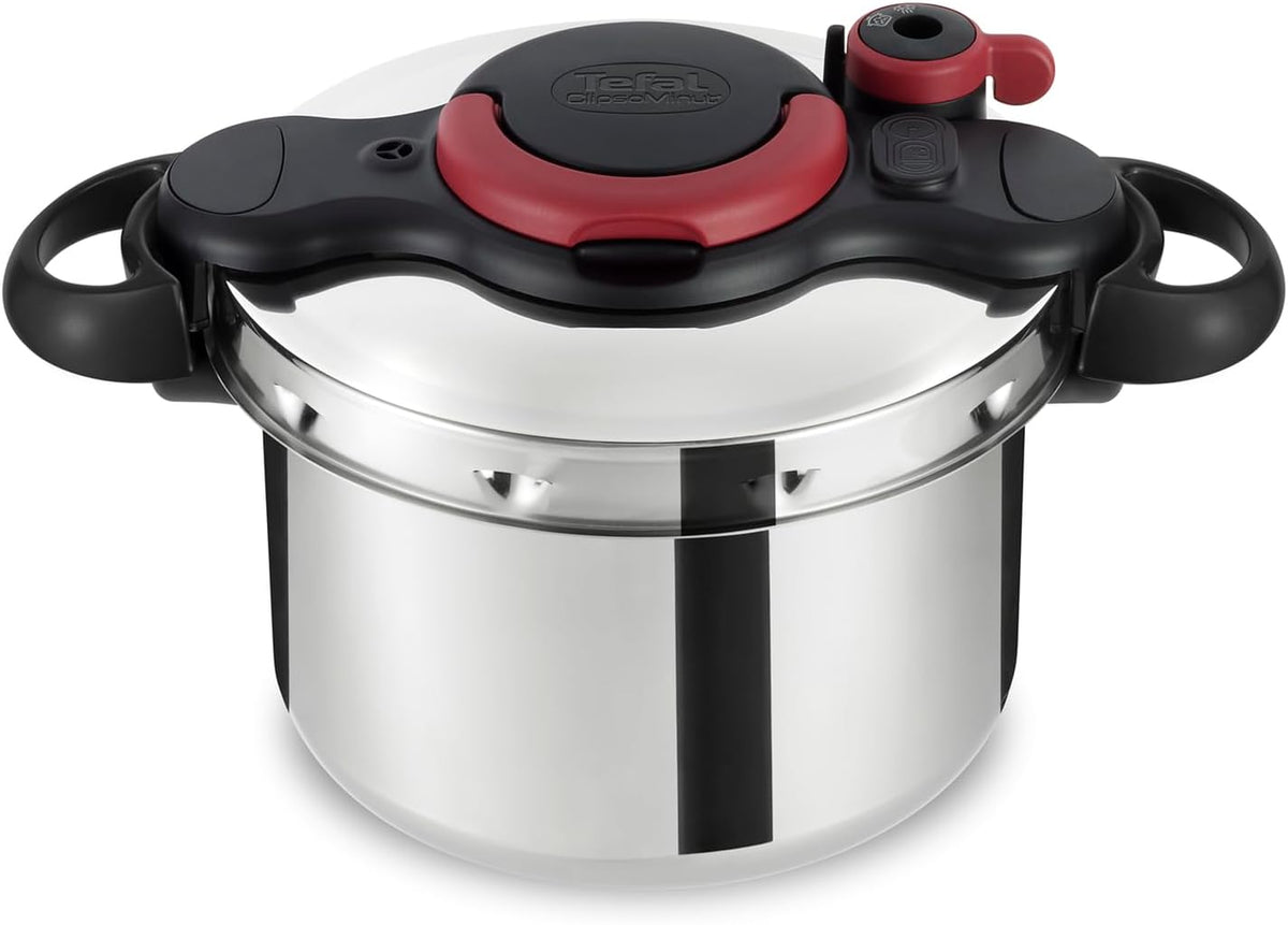 Tefal Schnellkochtöpfe, 22 cm, 6 l, Silber/Schwarz/Rot, Clipso Minut Easy Druckkochtopf, Edelstahl, bunt