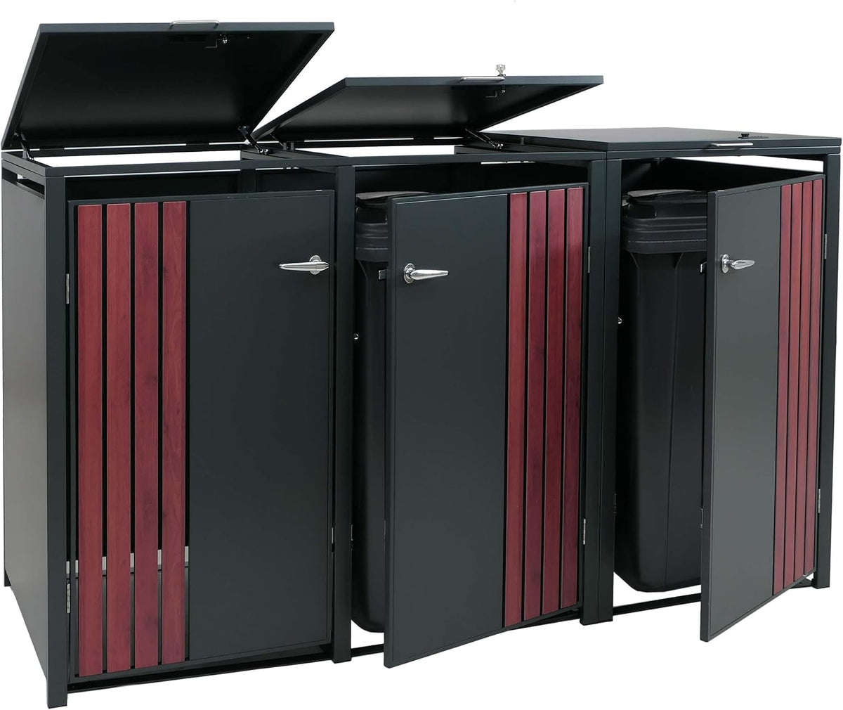 Mendler Mülltonnenbox, 122x200x84 cm, 83 kg, Anthrazit/Dunkelrot, 3er-Mülltonnenverkleidung HWC-O67, mit Deckel, Metall - anthrazit Holzoptik dunkel